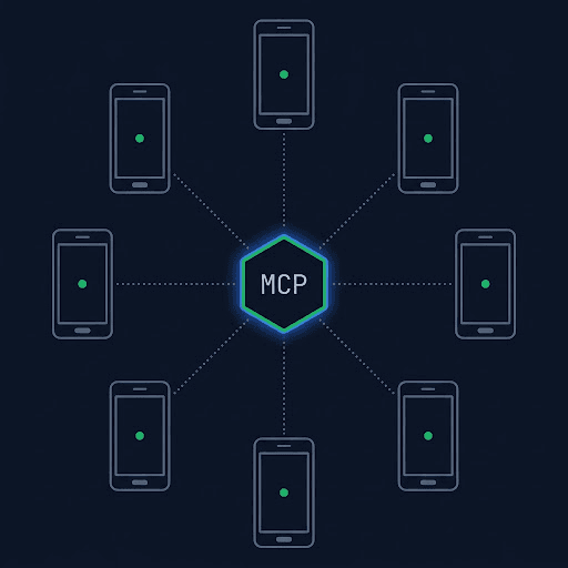 Schematic diagram of a ring of phone nodes connected to a central MCP hub, in the Terminal Noir style.