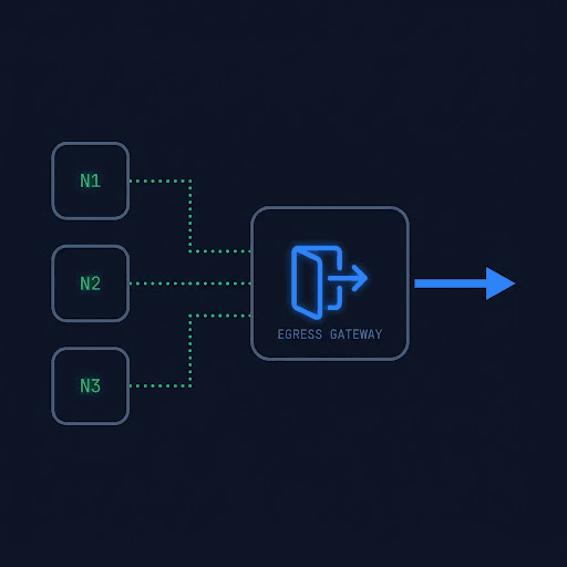 Schematic diagram of traffic from a column of nodes converging through a shared egress gateway, in the Terminal Noir style.