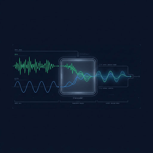 Schematic diagram of Opus and G.711 waveforms converging into a transcoder node, in the Terminal Noir style.