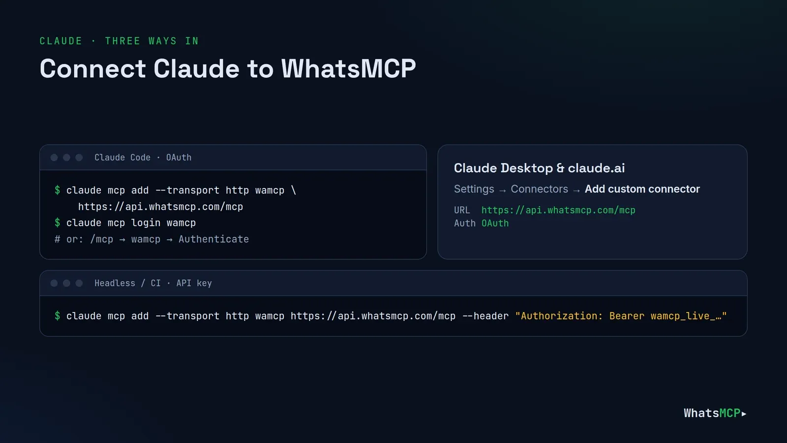 Three ways to connect Claude to WhatsMCP: Claude Code commands, the Claude Desktop and claude.ai custom connector, and an API key header