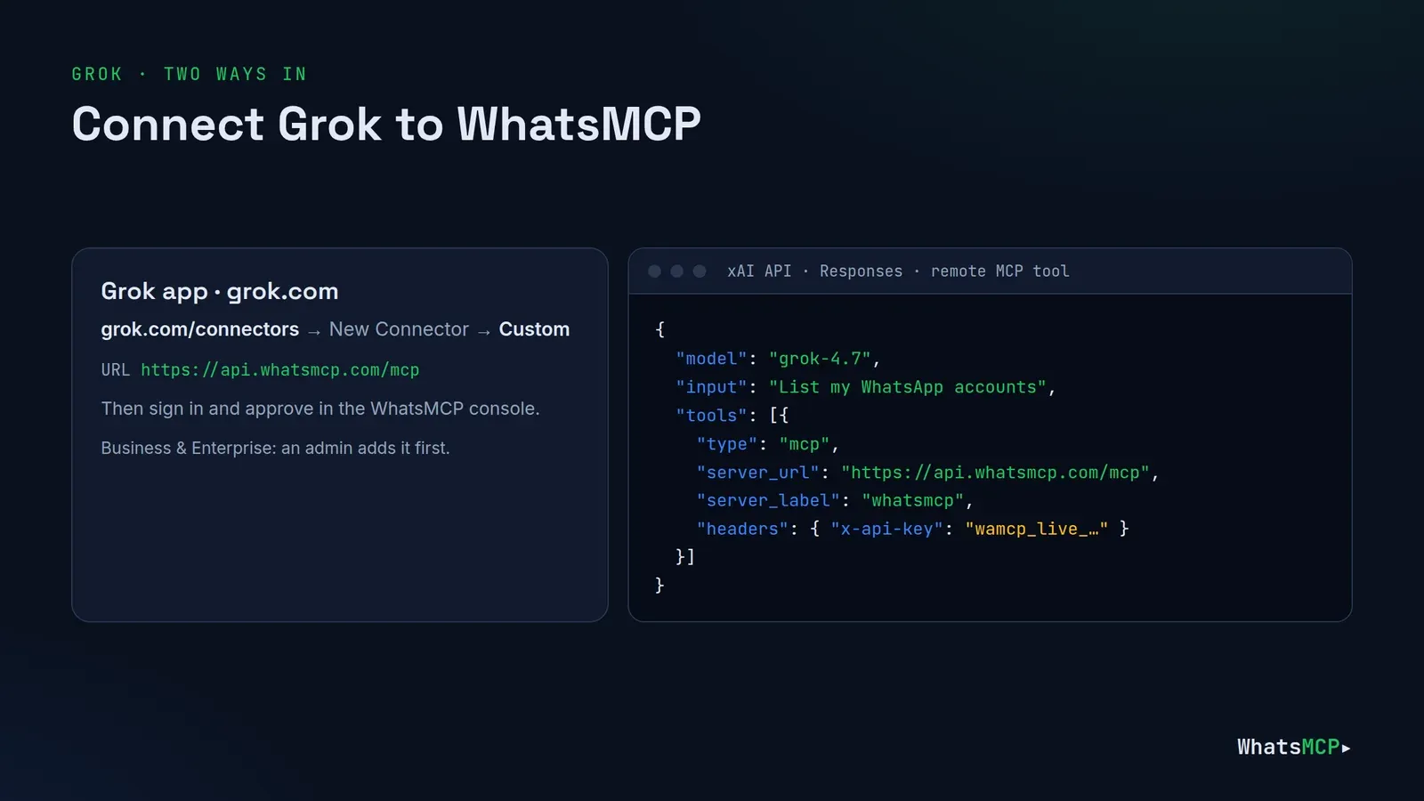 Two ways to connect Grok to WhatsMCP: a custom connector on grok.com, and the xAI API's remote MCP tool with an x-api-key header