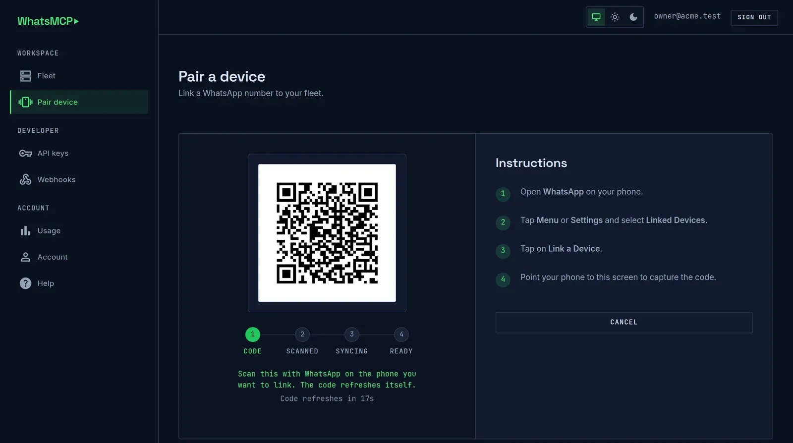 The WhatsMCP console Pair device page: a QR code above a progress indicator reading code, scanned, syncing, ready