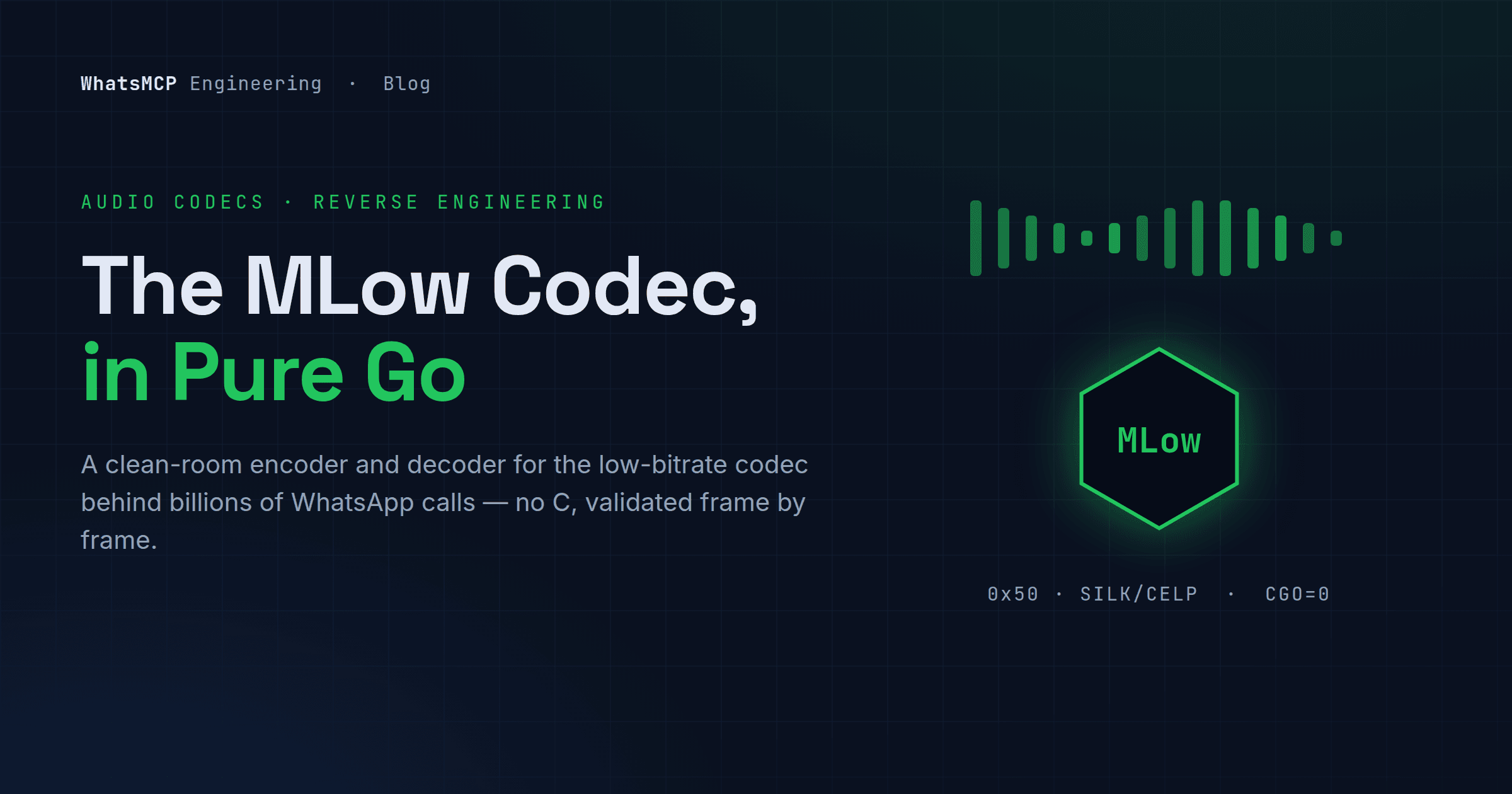 The MLow codec in pure Go — a clean-room encoder and decoder for Meta's low-bitrate voice codec. WhatsMCP Engineering.