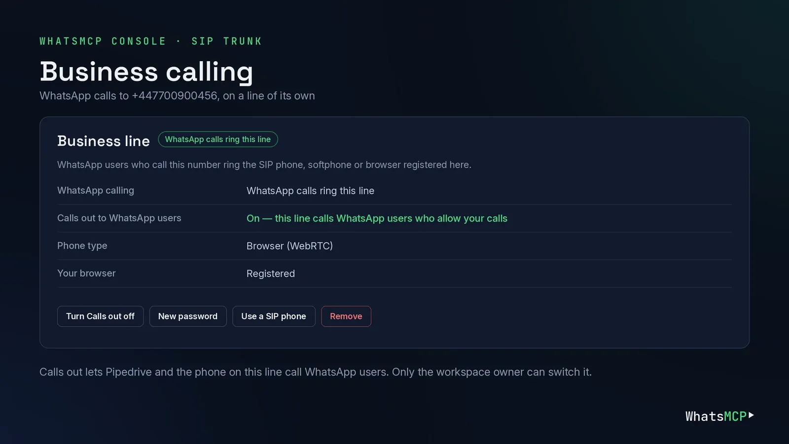 The Business calling page in the WhatsMCP console: WhatsApp calls ring this line, and Calls out to WhatsApp users is on